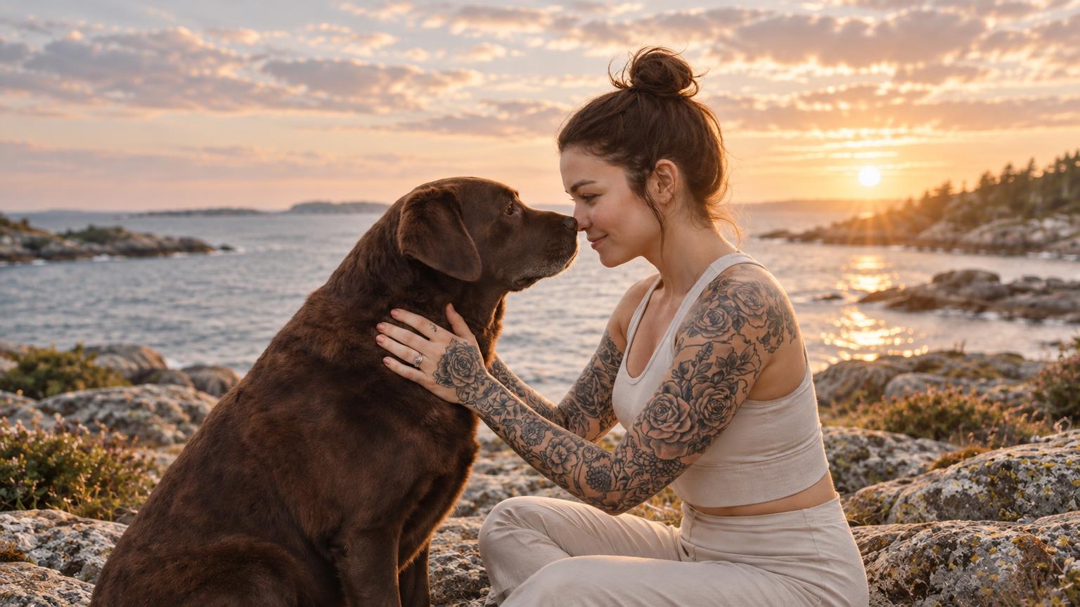 Mörkhårig kvinna med tatueringar på armar & händer tillsammans med sin bruna labrador vid kusten
