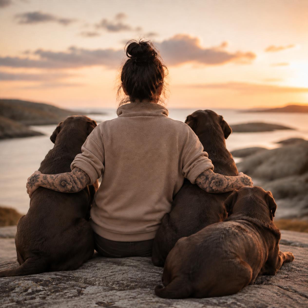 Kvinna med tre bruna labradorer i solnedgången vid havet